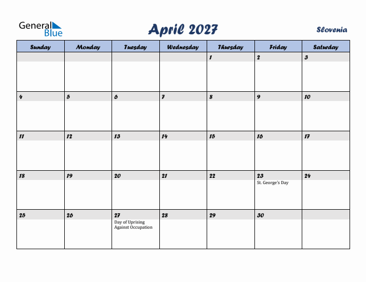 April 2027 Calendar with Holidays in Slovenia