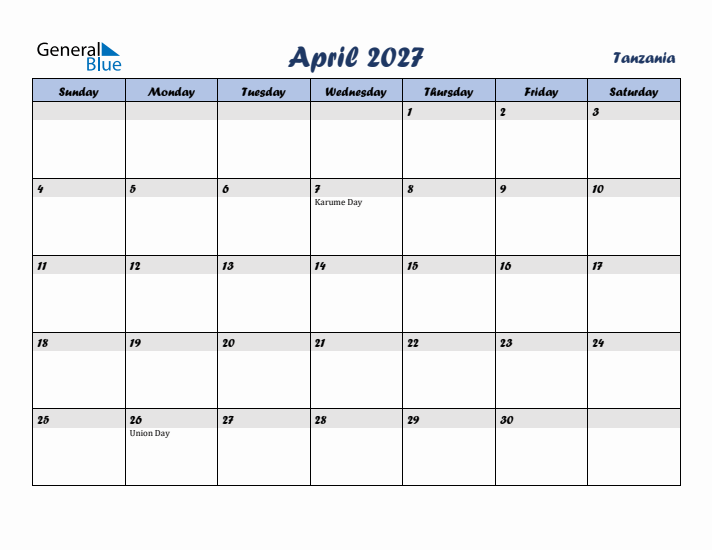 April 2027 Calendar with Holidays in Tanzania