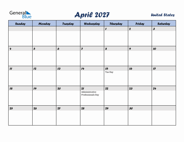 April 2027 Calendar with Holidays in United States