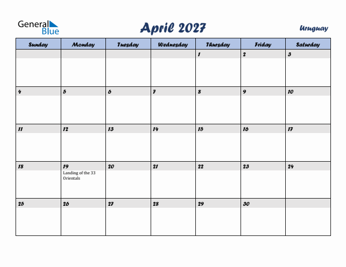 April 2027 Calendar with Holidays in Uruguay