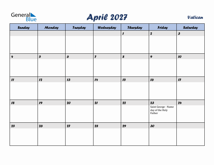 April 2027 Calendar with Holidays in Vatican