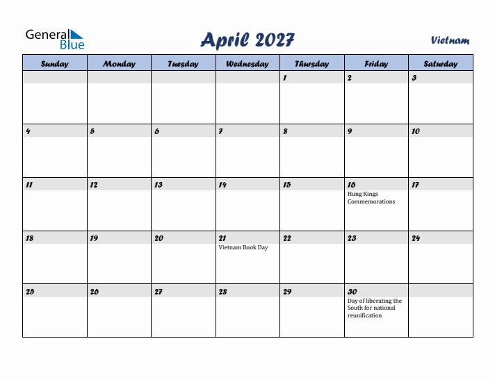 April 2027 Calendar with Holidays in Vietnam
