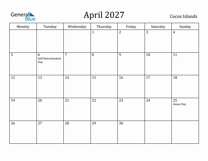 April 2027 Calendar Cocos Islands