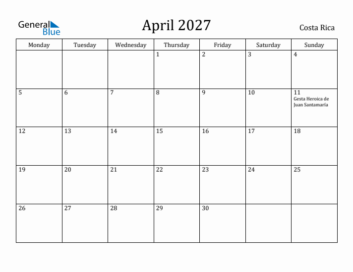 April 2027 Calendar Costa Rica