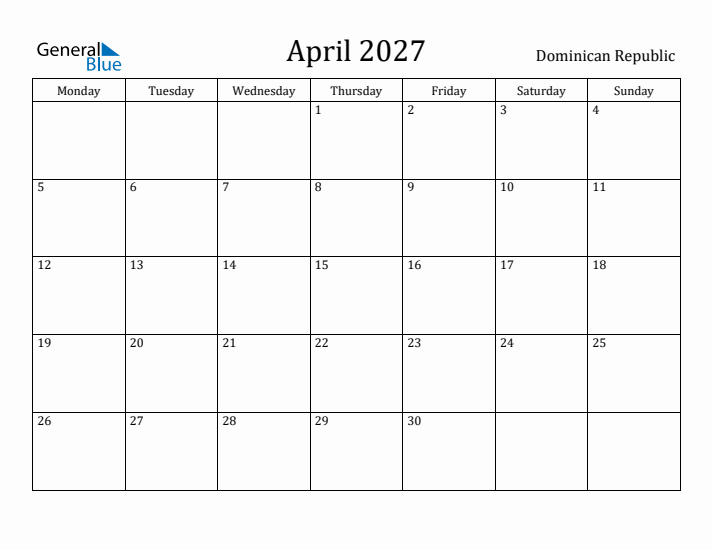 April 2027 Calendar Dominican Republic