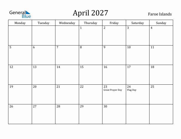 April 2027 Calendar Faroe Islands