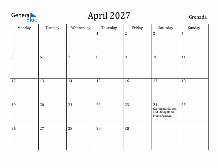 April 2027 Calendar Grenada