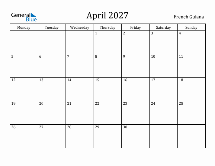April 2027 Calendar French Guiana