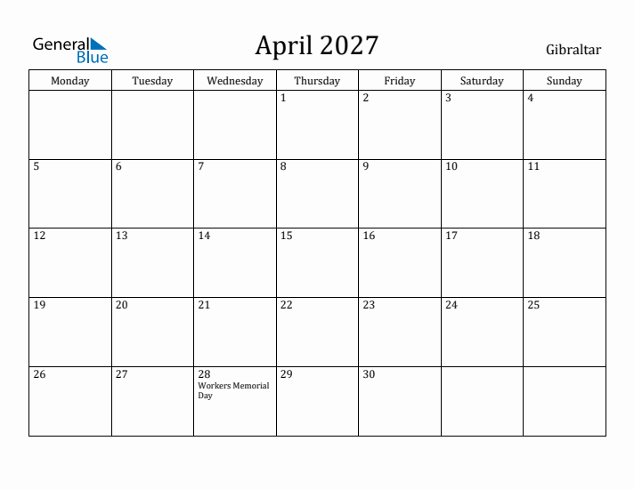 April 2027 Calendar Gibraltar