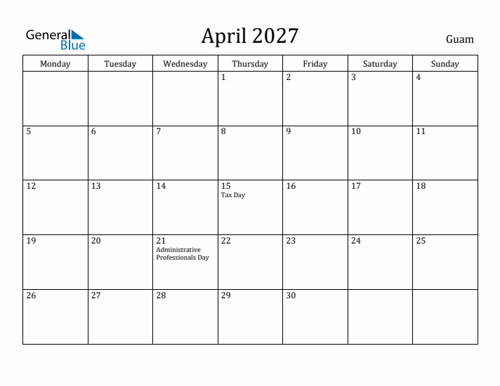 April 2027 Calendar Guam