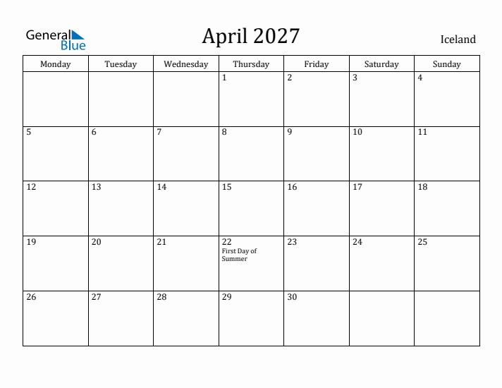 April 2027 Calendar Iceland