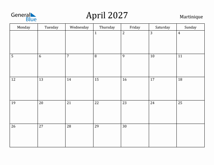 April 2027 Calendar Martinique