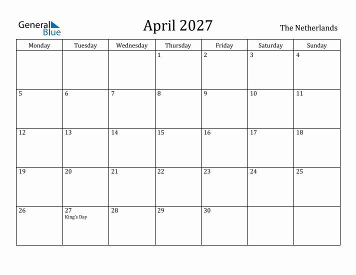April 2027 Calendar The Netherlands