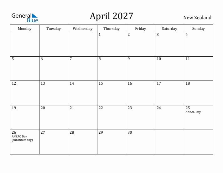 April 2027 Calendar New Zealand