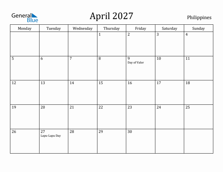 April 2027 Calendar Philippines
