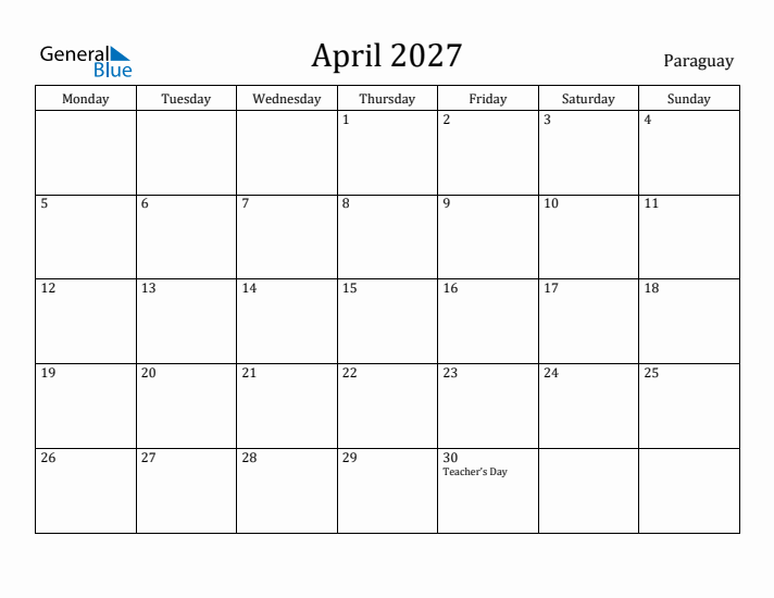 April 2027 Calendar Paraguay