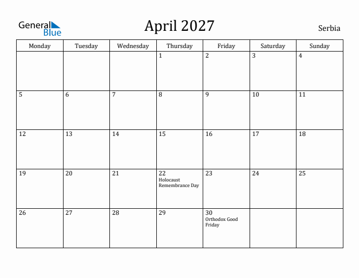 April 2027 Calendar Serbia