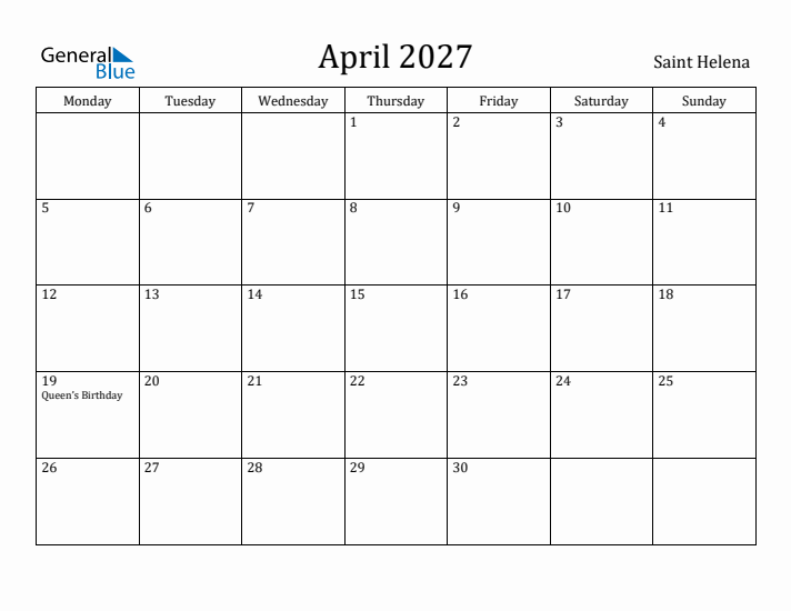 April 2027 Calendar Saint Helena