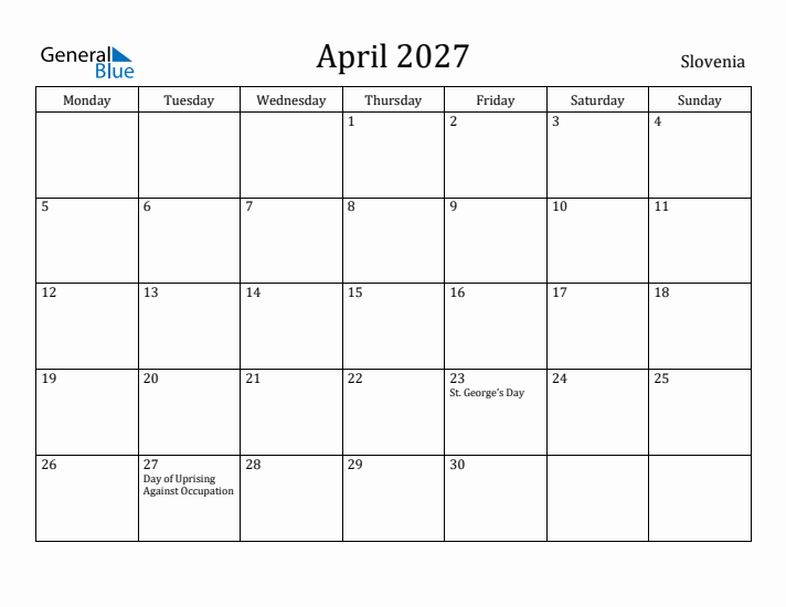 April 2027 Calendar Slovenia