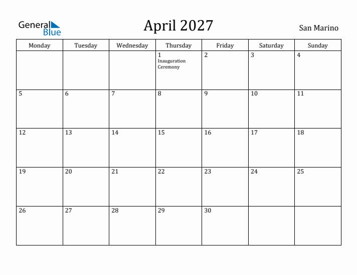 April 2027 Calendar San Marino