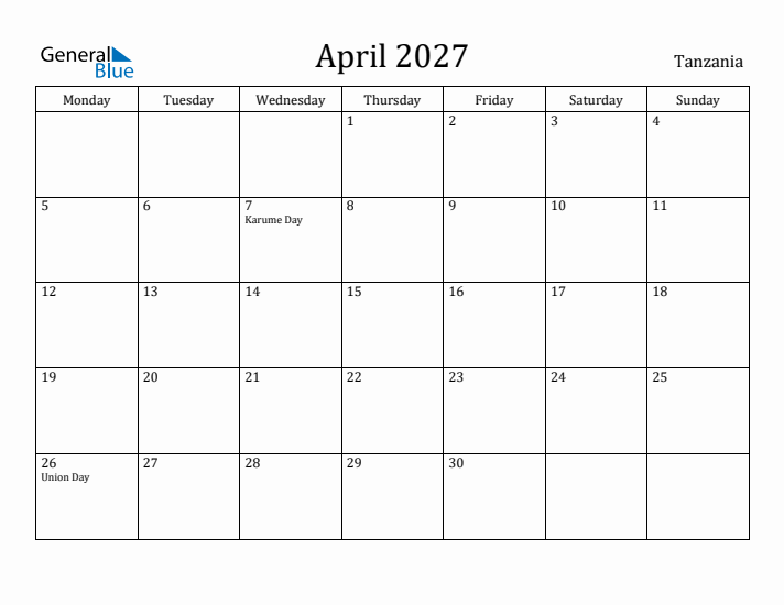 April 2027 Calendar Tanzania
