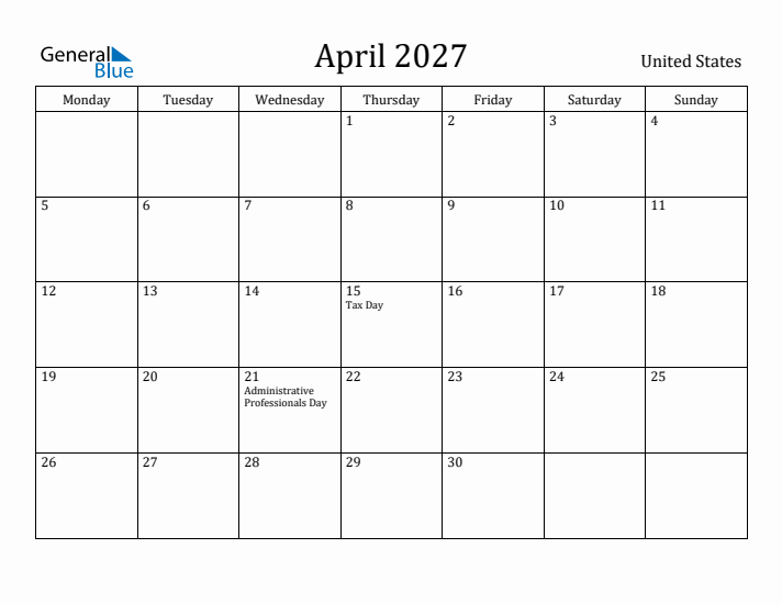 April 2027 Calendar United States