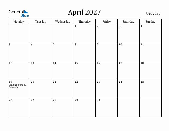 April 2027 Calendar Uruguay