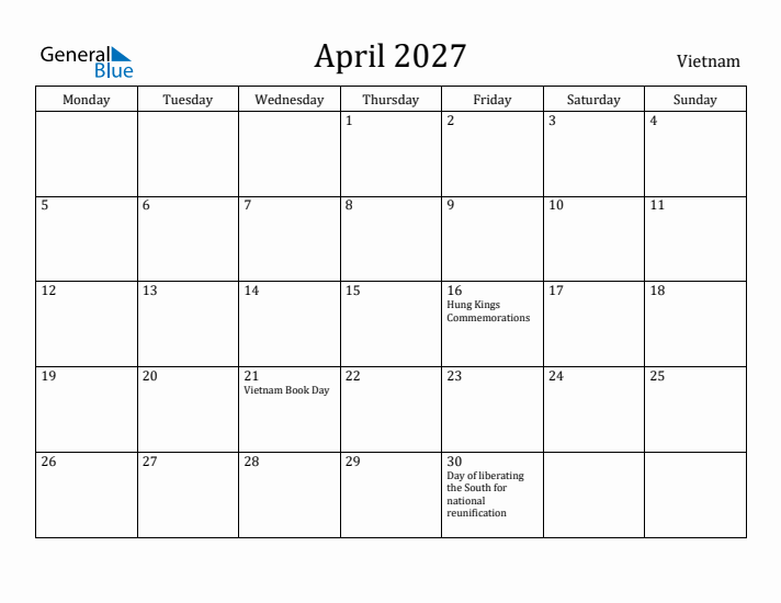 April 2027 Calendar Vietnam