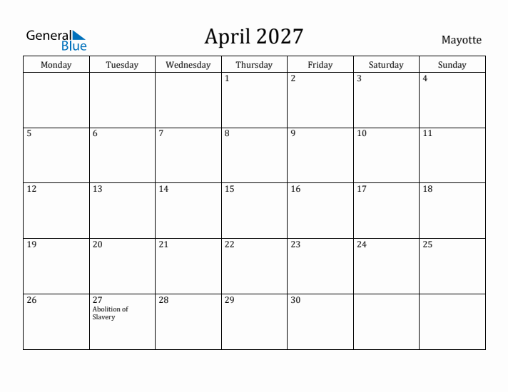 April 2027 Calendar Mayotte