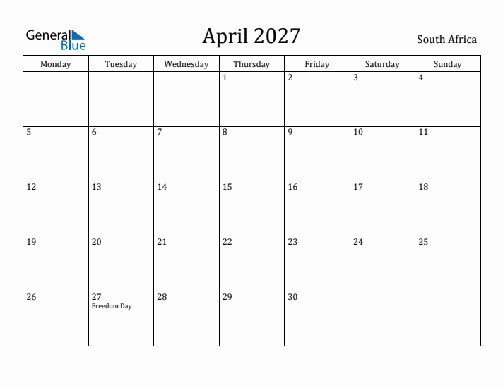 April 2027 Calendar South Africa