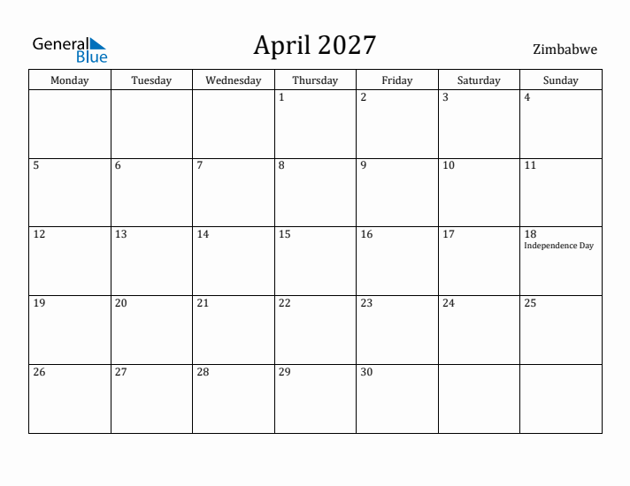 April 2027 Calendar Zimbabwe