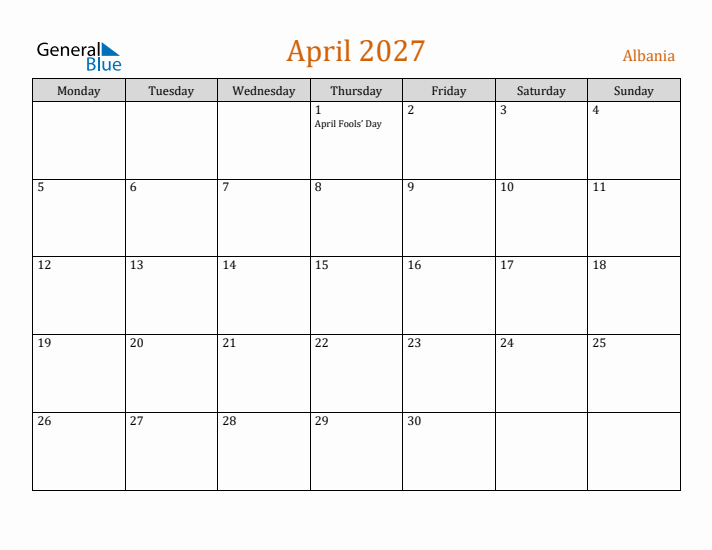 April 2027 Holiday Calendar with Monday Start