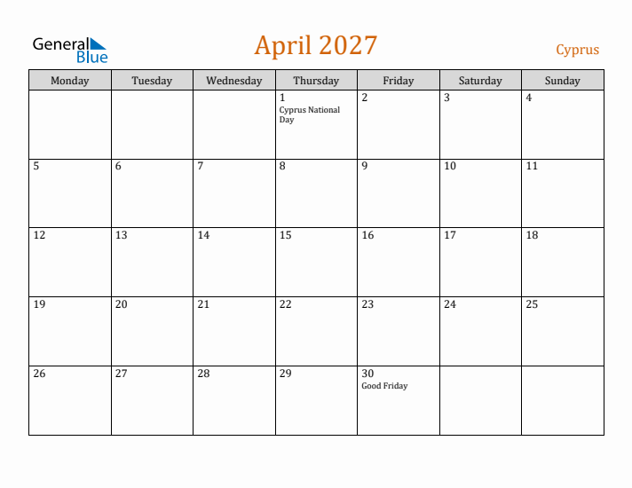 April 2027 Holiday Calendar with Monday Start