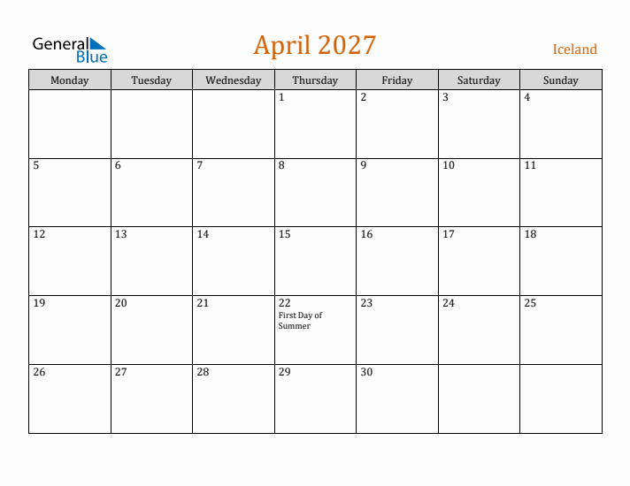 April 2027 Holiday Calendar with Monday Start