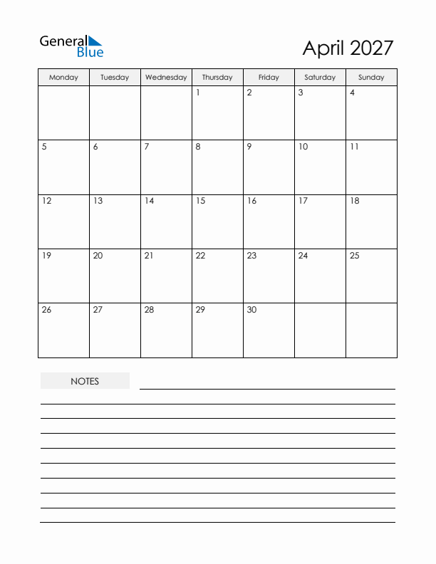 Printable Calendar with Notes - April 2027 