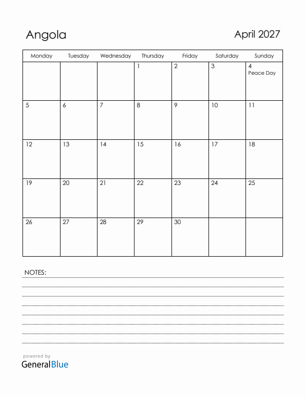 April 2027 Angola Calendar with Holidays (Monday Start)
