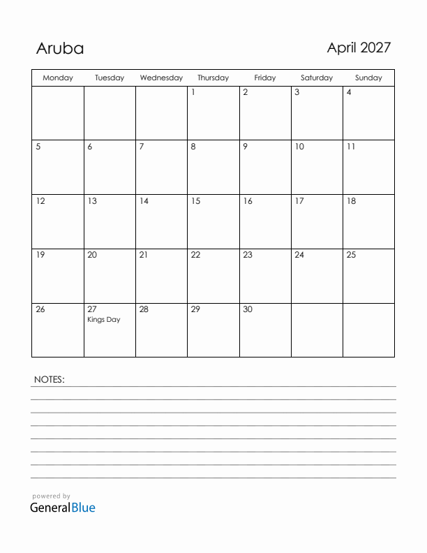 April 2027 Aruba Calendar with Holidays (Monday Start)