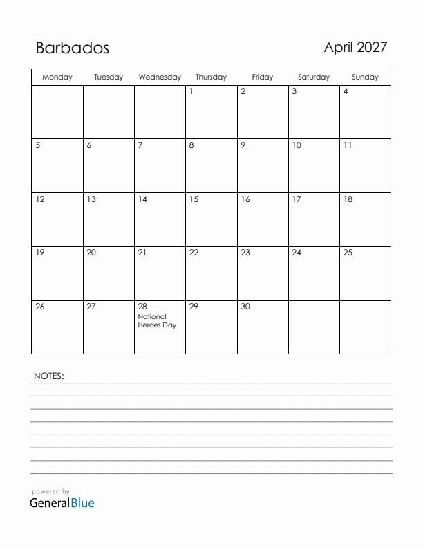 April 2027 Barbados Calendar with Holidays (Monday Start)