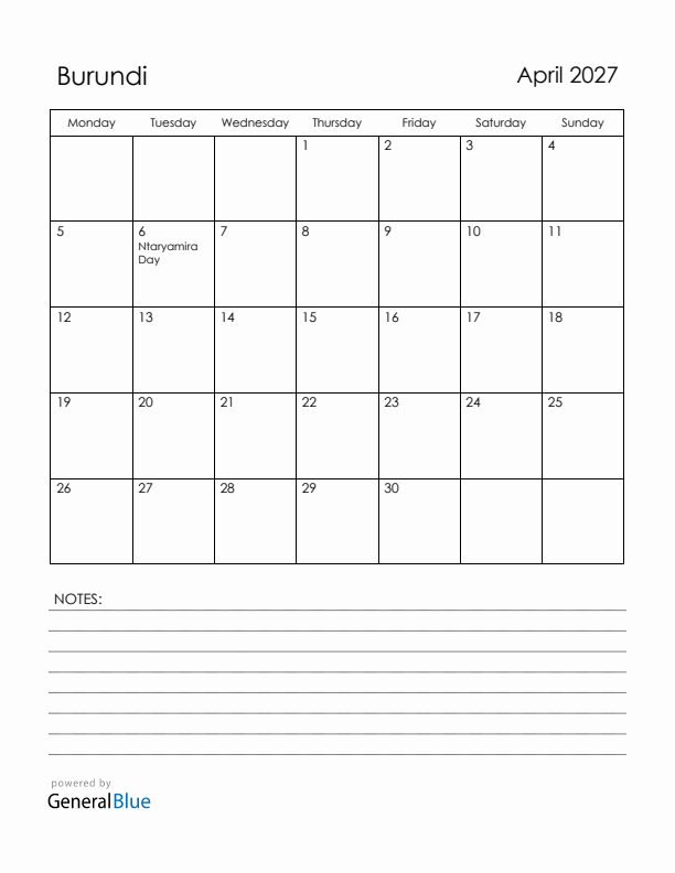 April 2027 Burundi Calendar with Holidays (Monday Start)