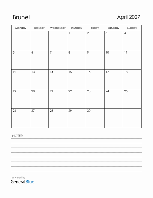 April 2027 Brunei Calendar with Holidays (Monday Start)