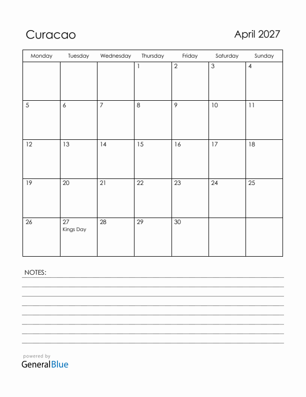 April 2027 Curacao Calendar with Holidays (Monday Start)
