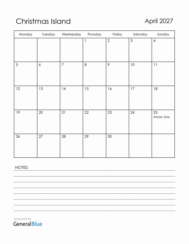 April 2027 Christmas Island Calendar with Holidays (Monday Start)