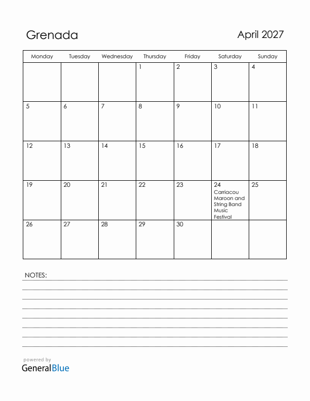 April 2027 Grenada Calendar with Holidays (Monday Start)