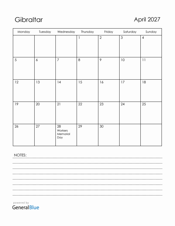April 2027 Gibraltar Calendar with Holidays (Monday Start)