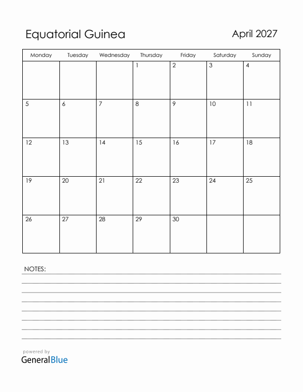 April 2027 Equatorial Guinea Calendar with Holidays (Monday Start)