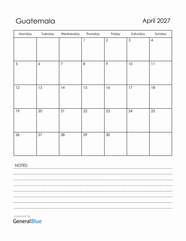 April 2027 Guatemala Calendar with Holidays (Monday Start)