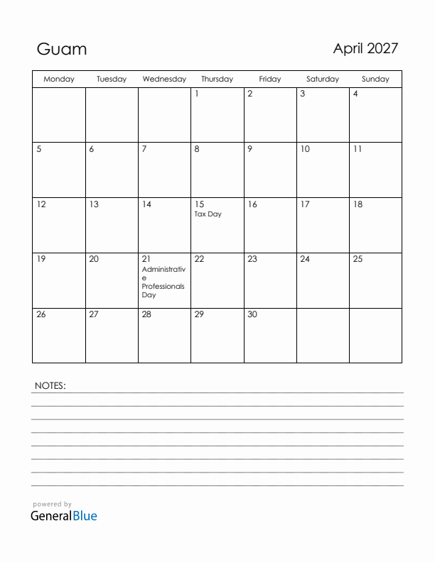 April 2027 Guam Calendar with Holidays (Monday Start)