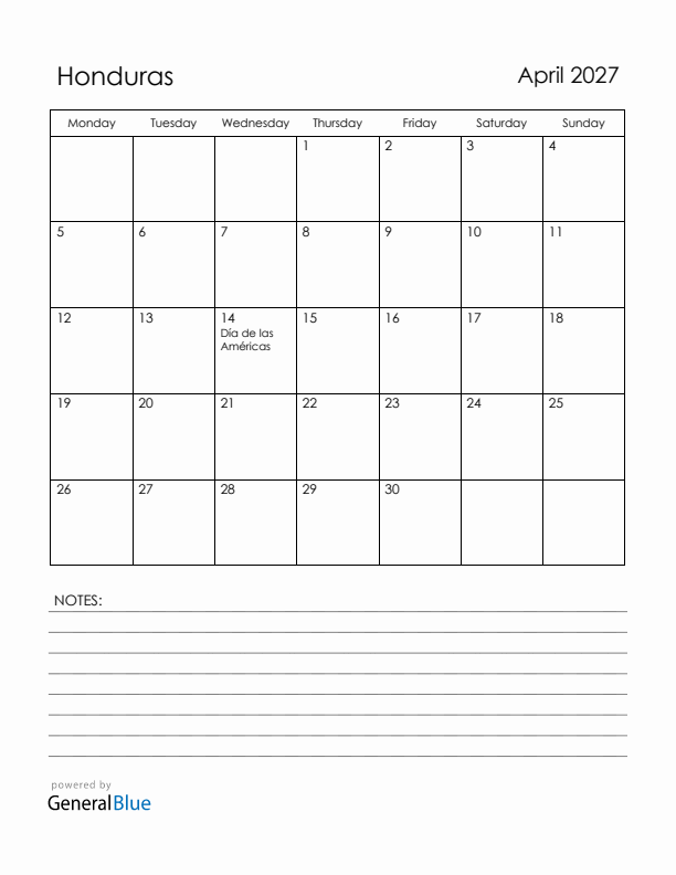 April 2027 Honduras Calendar with Holidays (Monday Start)