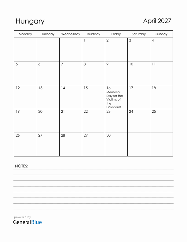 April 2027 Hungary Calendar with Holidays (Monday Start)