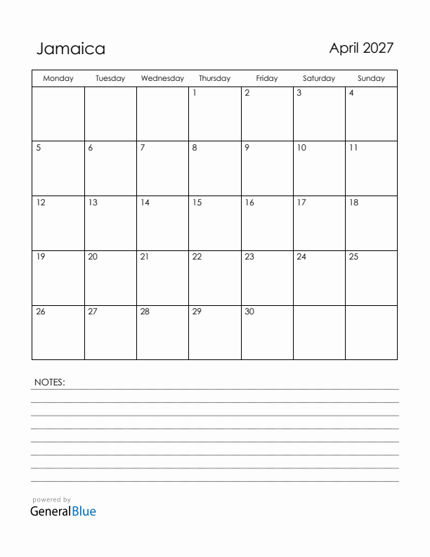 April 2027 Jamaica Calendar with Holidays (Monday Start)